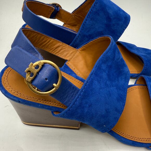 Tory Burch Women's Leather Selby Block-Heel Sandals Blue Size 9 - Picture 3 of 10